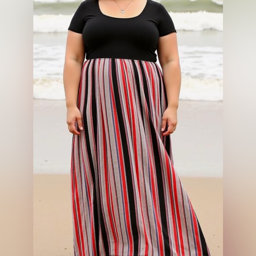 Nemidor Plus Size 26 Black Top and  Red/Black/Cream Striped Maxi Dress